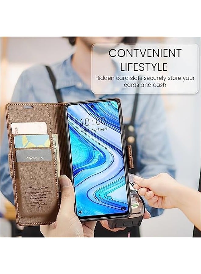 حافظة حجب تتفاعل مع حامل بطاقة لهاتف شاومي ريدمي نوت 9 ثانية / نوت 9 برو / نوت 9 برو ماكس-حافظة جلدية متينة مع مسند ، إغلاق مغناطيسي-مقاومة للصدمات (بني) - Image 5