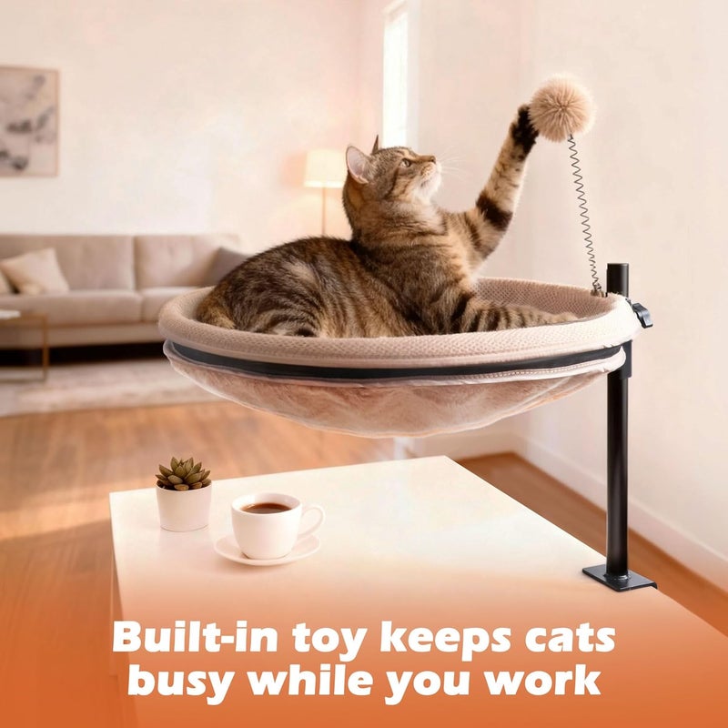 RASSR Cat Desk Bed Rotating & Adjustable– 360° Swivel Cat Hammock with Removable Washable Cover, Sturdy Desktop Perch Holds Up to 60lbs, Perfect for Indoor Cats(Khaki) - Image 2