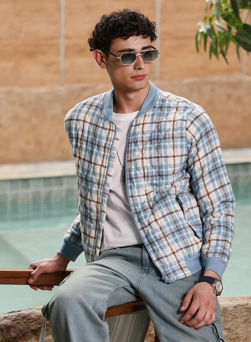 كامبوس سوترا Men's Misty Blue Tartan-Plaid Quilted Bomber Jacket | Baseball Collar , Ribbed Cuff Sleeves , Zipper Closure , Ribbed-Straight Hem | Checks Quilted For Casual & Daily Wear