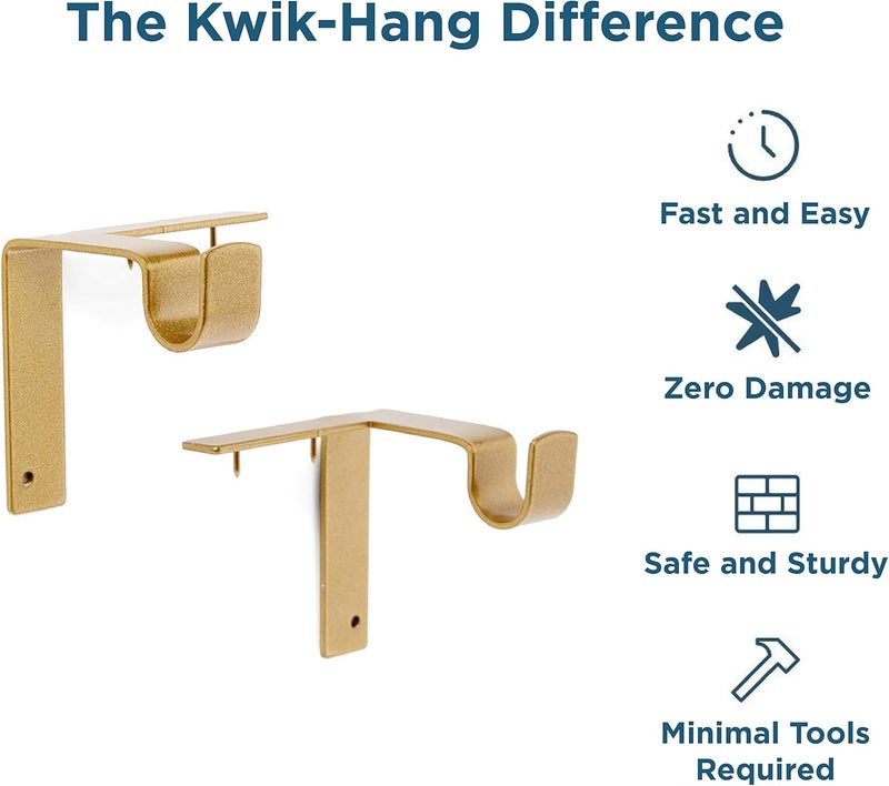 Kwik-Hang حاملات قضبان الستائر الفردية - بدون حفر، بدون ضرر - ستائر مثالية في كل مرة - 5/8 بوصة ذهبية - Image 3
