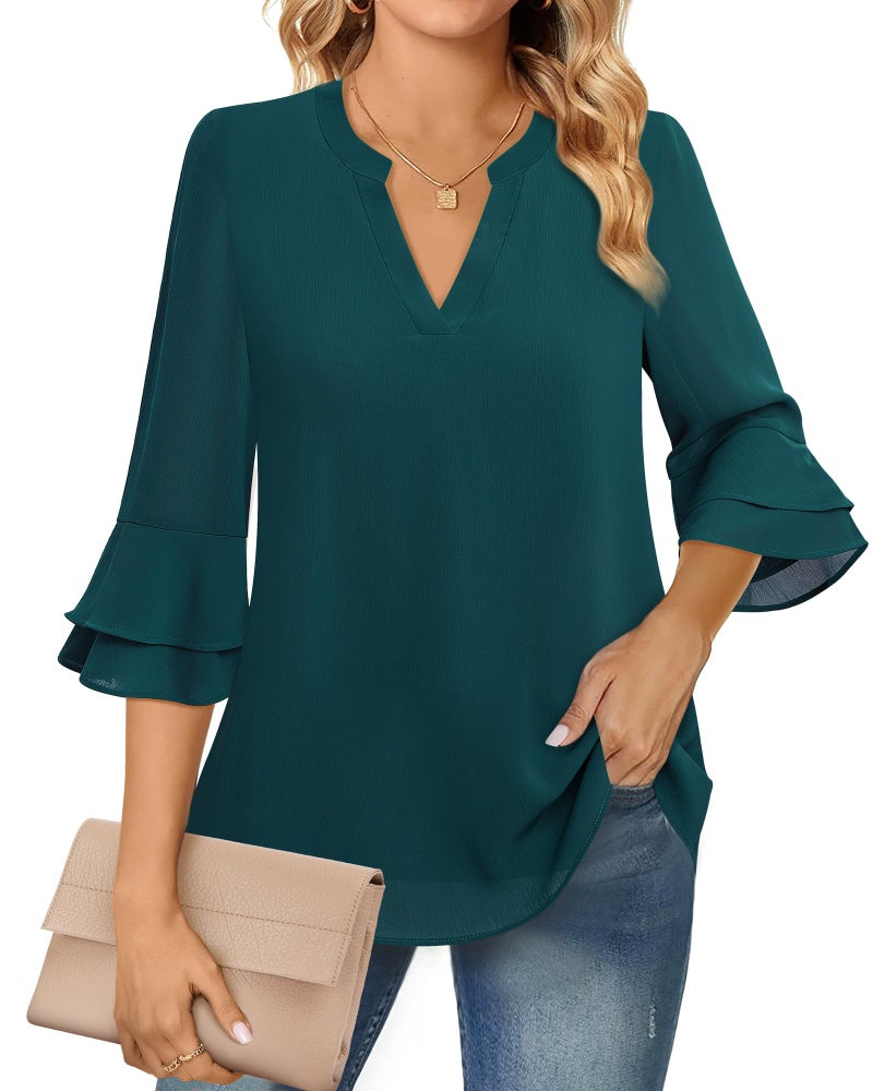 Lotusmile Womens Blouses for Work Professional, Tiered Bell 3/4 Sleeve Formal Tops for Women Office Wear Fall Notch V Neck Business Casual Clothes (Peacock Green, L) - Image 1
