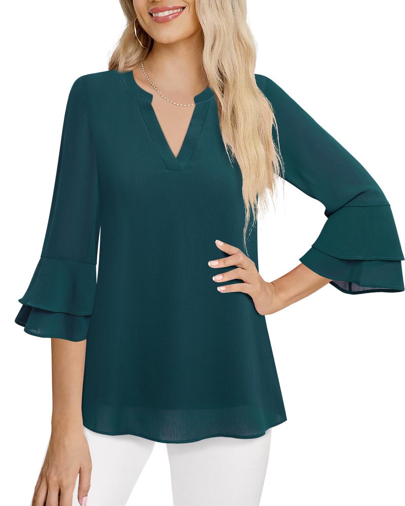 Lotusmile Womens Blouses for Work Professional, Tiered Bell 3/4 Sleeve Formal Tops for Women Office Wear Fall Notch V Neck Business Casual Clothes (Peacock Green, L) - Image 2