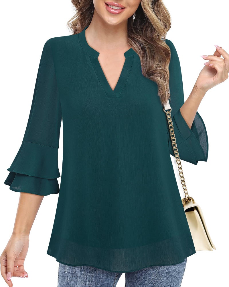 Lotusmile Womens Blouses for Work Professional, Tiered Bell 3/4 Sleeve Formal Tops for Women Office Wear Fall Notch V Neck Business Casual Clothes (Peacock Green, L) - Image 4