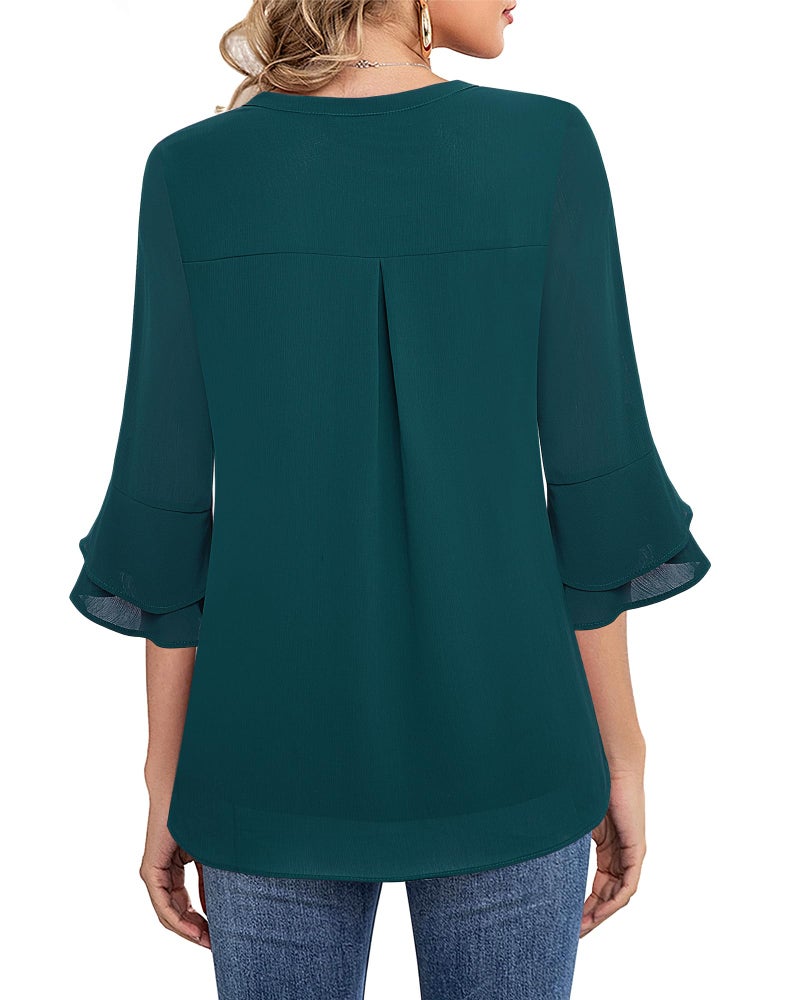 Lotusmile Womens Blouses for Work Professional, Tiered Bell 3/4 Sleeve Formal Tops for Women Office Wear Fall Notch V Neck Business Casual Clothes (Peacock Green, L) - Image 5