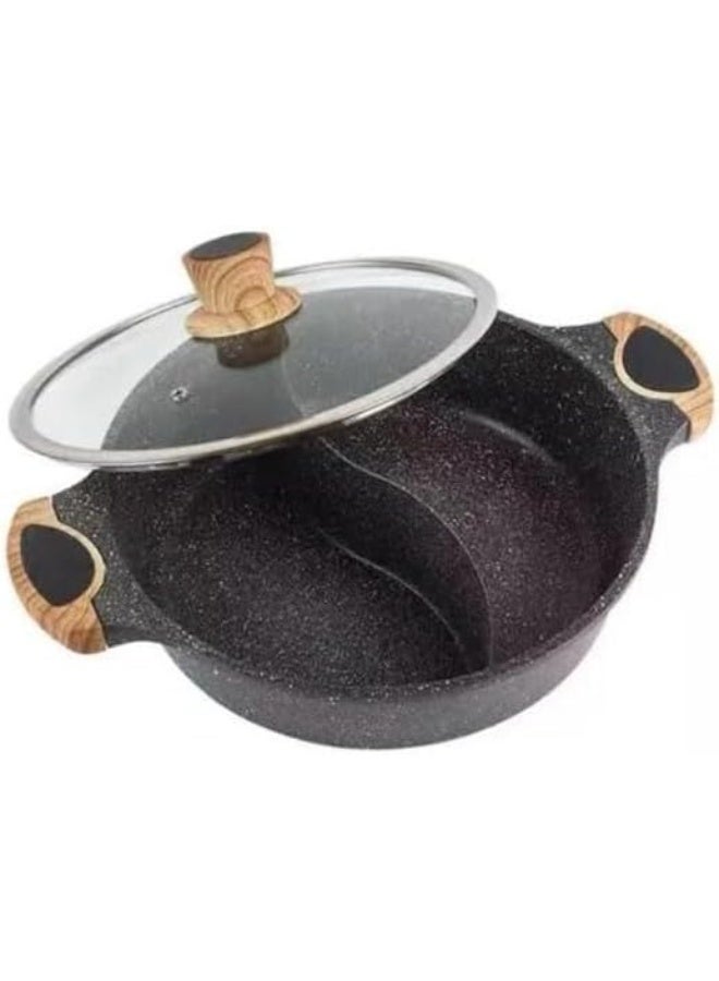 Divided Granite Cooking Pot – 26 cm, granite pot with two compartments, borosilicate glass lid, heat-resistant bamboo handles, and insulated wooden handle, ensuring even heat distribution. - Image 1