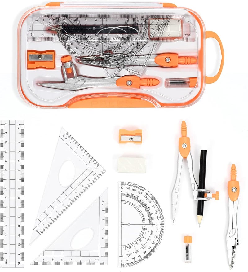 Vobou 10 Pieces Math Geometry Kit Set Student Supplies with Shatterproof Storage Box,Includes Rulers,Protractor,Compass,Eraser,Pencil Sharpener,Lead Refills,Pencil,for School and Drawings（Orange） - Image 2