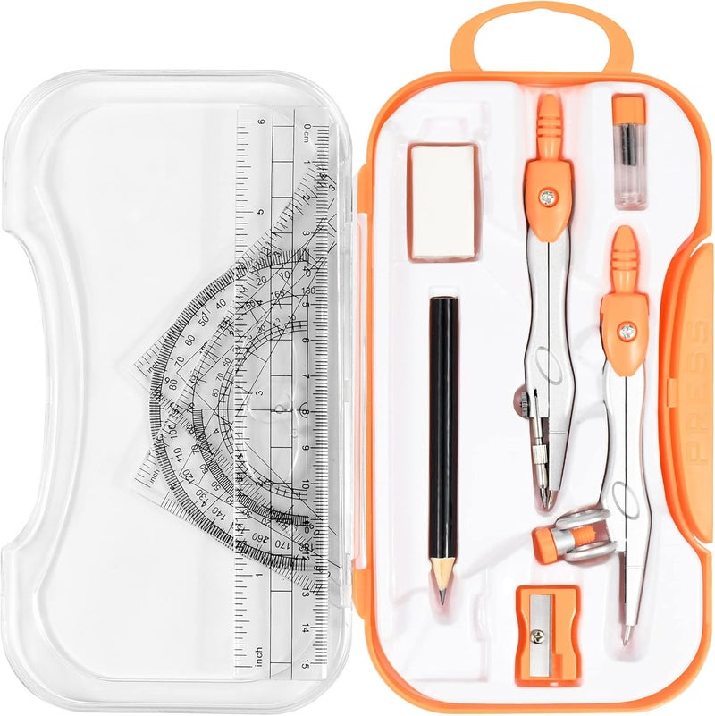 Vobou 10 Pieces Math Geometry Kit Set Student Supplies with Shatterproof Storage Box,Includes Rulers,Protractor,Compass,Eraser,Pencil Sharpener,Lead Refills,Pencil,for School and Drawings（Orange） - Image 1