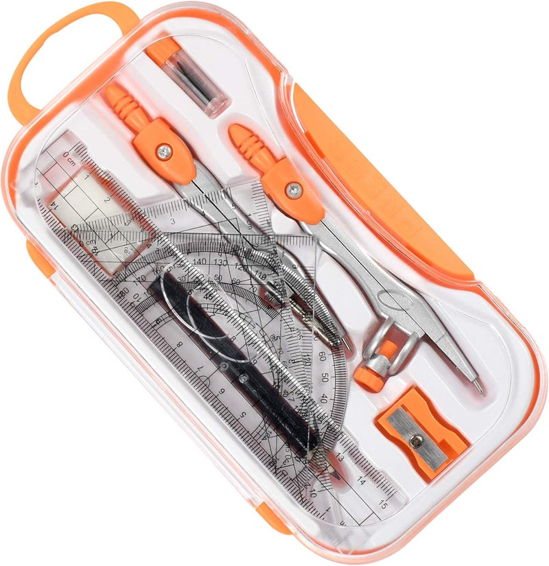 Vobou 10 Pieces Math Geometry Kit Set Student Supplies with Shatterproof Storage Box,Includes Rulers,Protractor,Compass,Eraser,Pencil Sharpener,Lead Refills,Pencil,for School and Drawings（Orange） - Image 3