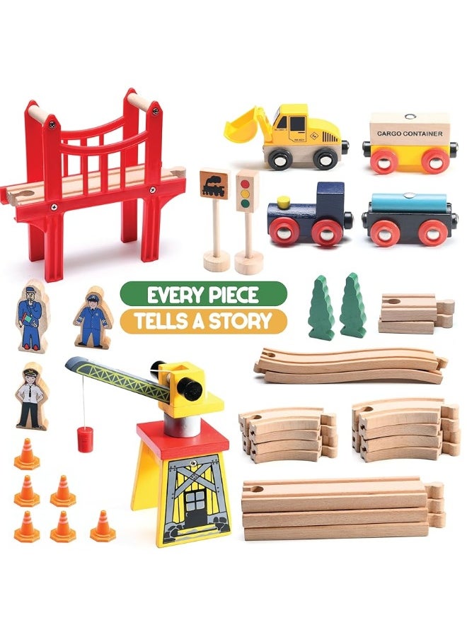 Play22 Wooden Train Set Toddler Toys - 38 Pcs Wood Train Track Set for Toddlers 2-4 Years with Crane, Bridge & Accessories - Compatible with All Major Brands  - Image 2
