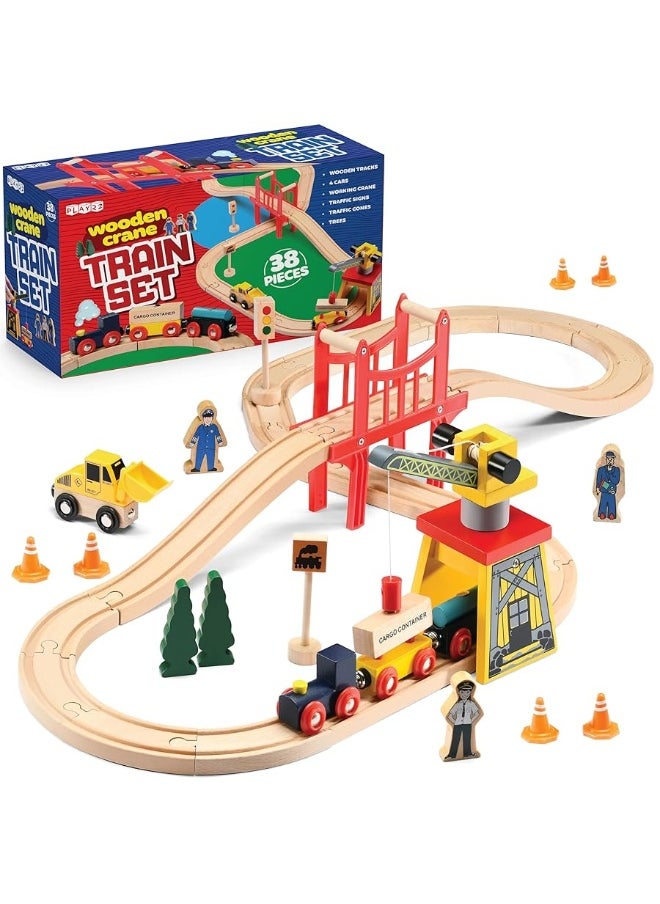 Play22 Wooden Train Set Toddler Toys - 38 Pcs Wood Train Track Set for Toddlers 2-4 Years with Crane, Bridge & Accessories - Compatible with All Major Brands  - Image 3