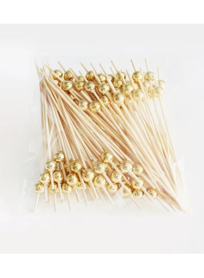 100-Piece Bamboo Fruit Pick Set Beige/White/Gold 12cm