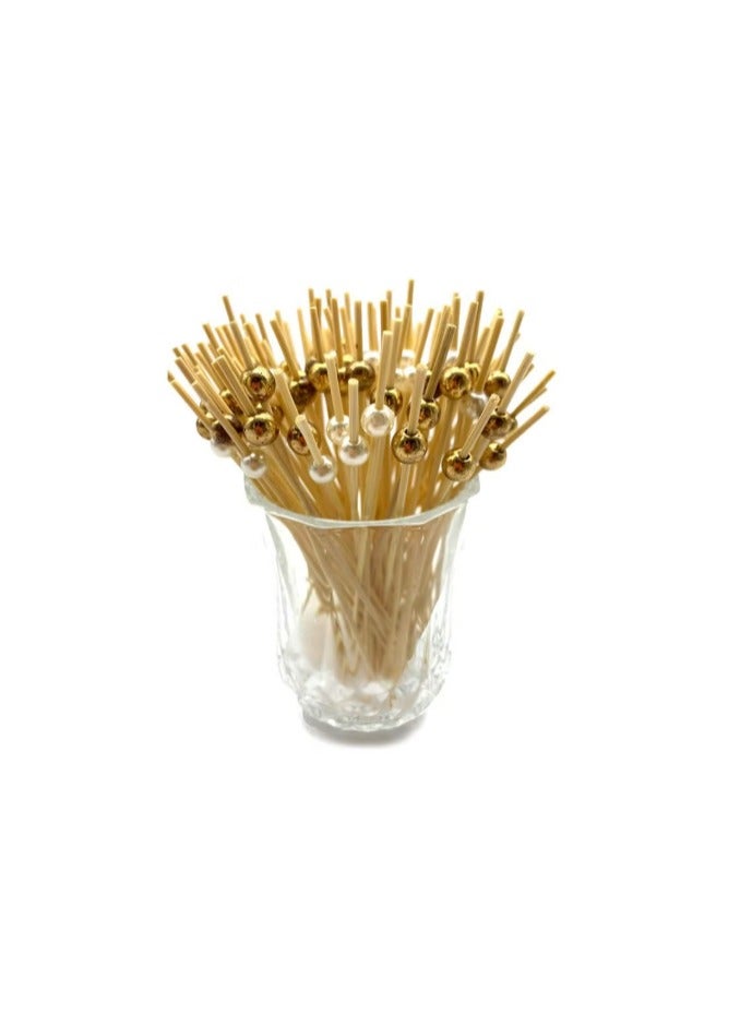 100-Piece Bamboo Fruit Pick Set Beige/White/Gold 12cm