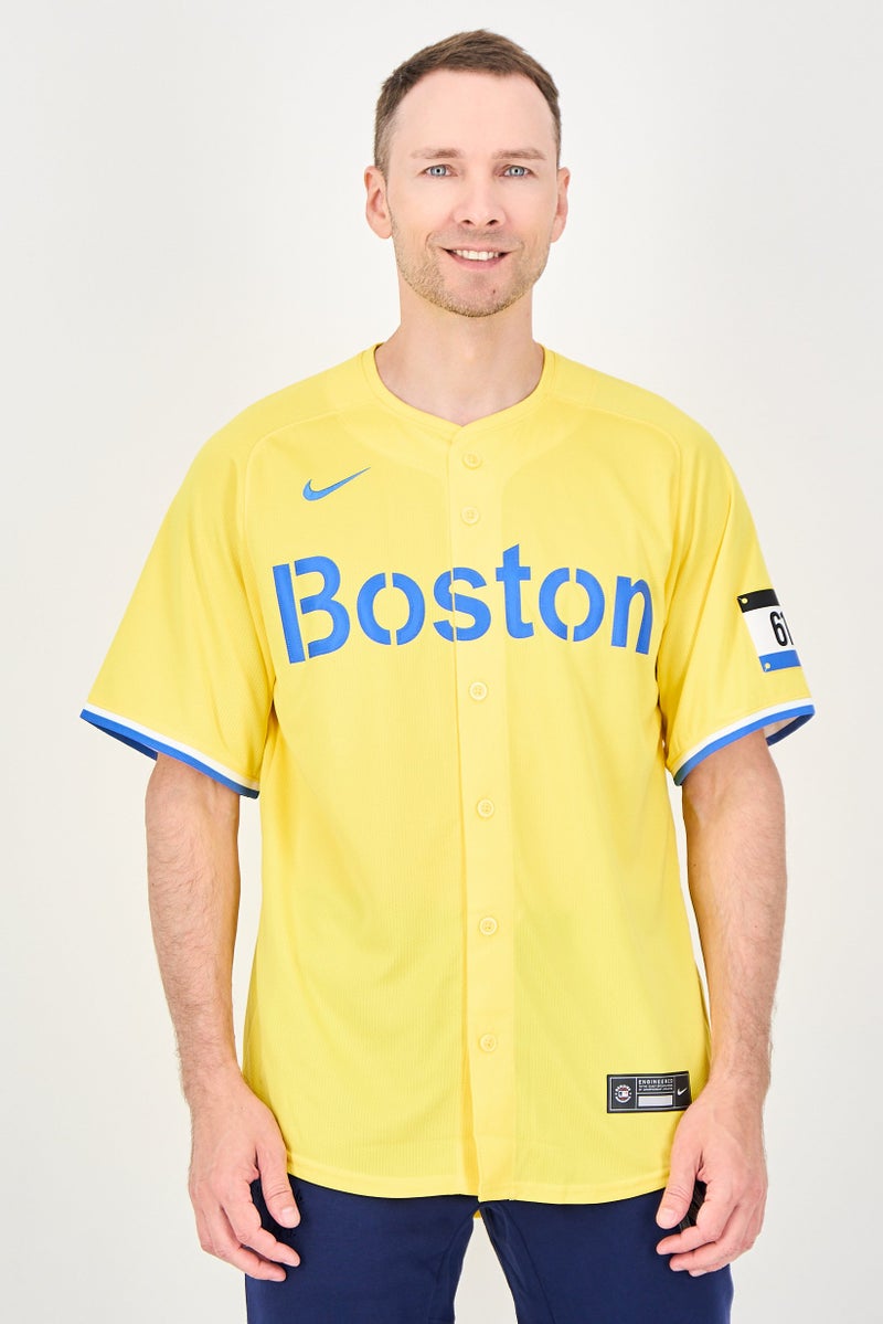 Nike x MLB Men Sportswear Fit Boston Red Sox City Connect Short Sleeve Baseball Jersey, Yellow - Image 1