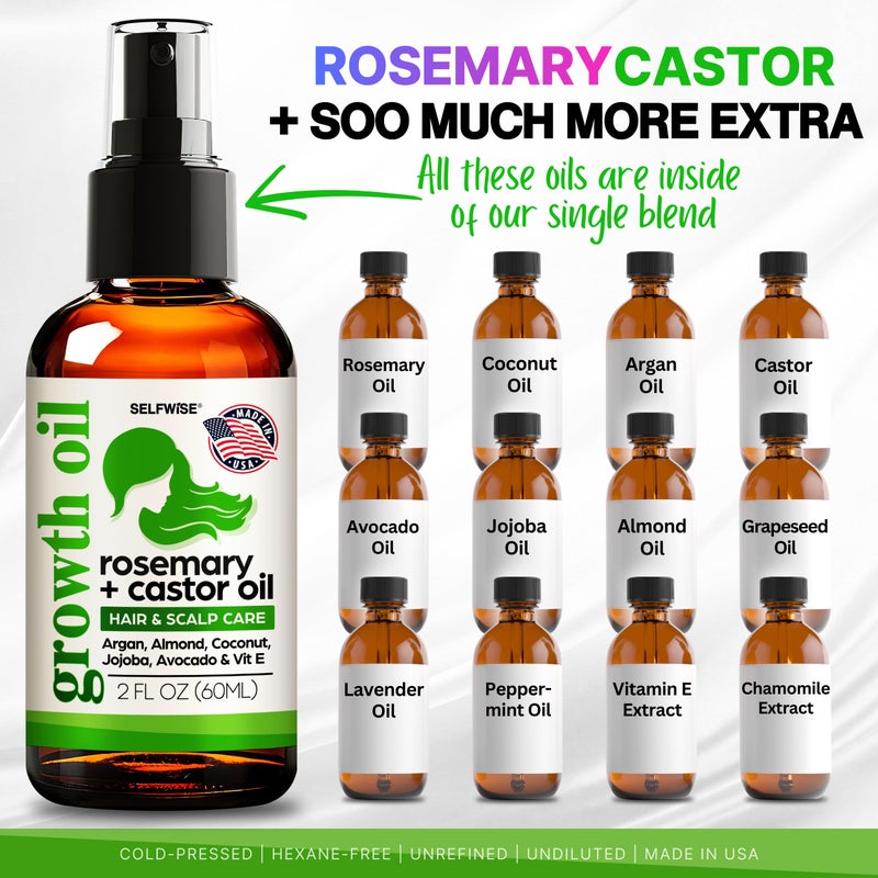 SELFWISE Organic Rosemary Oil For Hair Growth + Applicator with Castor, Argan, Coconut, Almond, Jojoba, Avocado, Vitamin E & Peppermint for Hair & Scalp Treatment, All Hair Types, Men & Women 2oz - Image 4