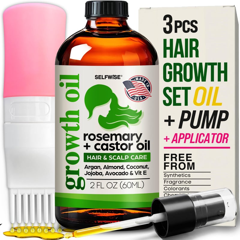 SELFWISE Organic Rosemary Oil For Hair Growth + Applicator with Castor, Argan, Coconut, Almond, Jojoba, Avocado, Vitamin E & Peppermint for Hair & Scalp Treatment, All Hair Types, Men & Women 2oz - Image 1