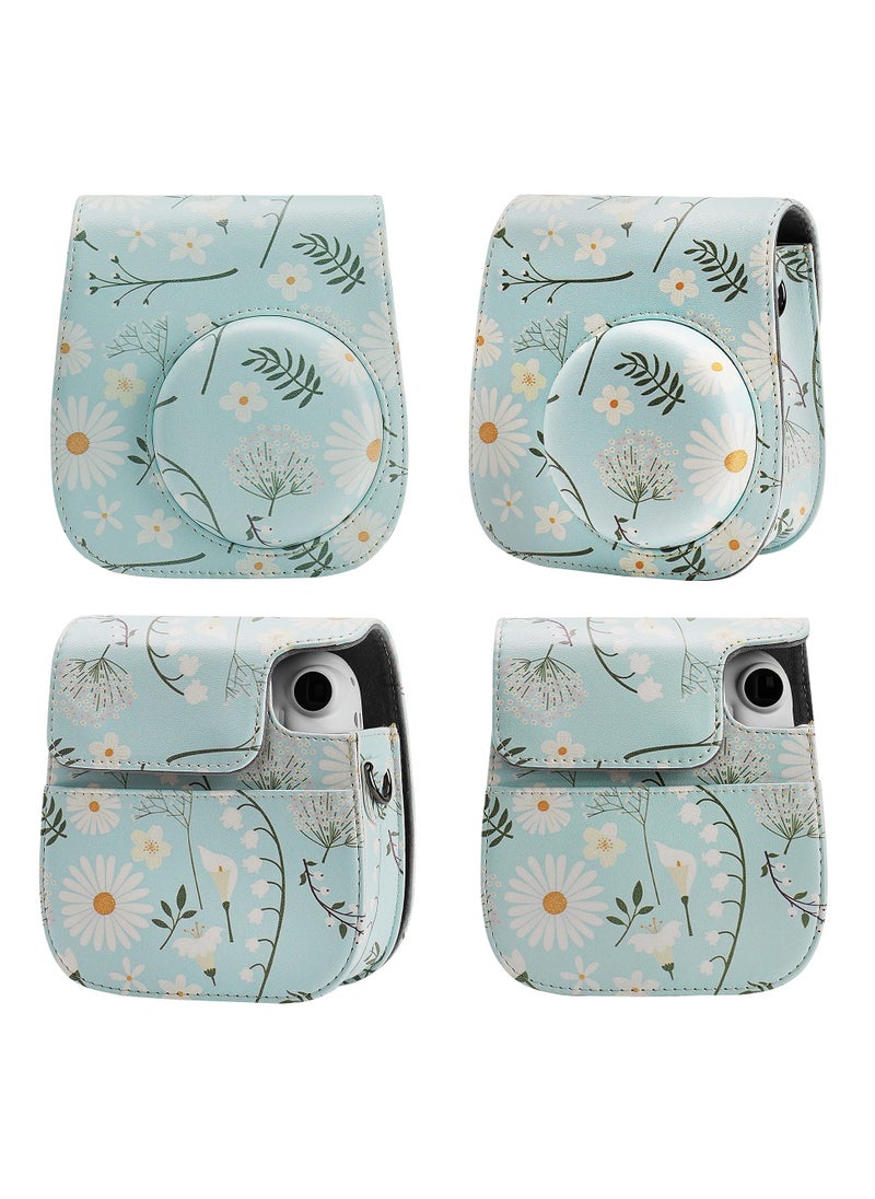 O Ozone Protection Case Bags for Fujifilm Instax Mini 9 8 8+ 11 Case PU Leather Instant Camera Cover with Adjustable Strap Flowers Light Blue  - Image 3