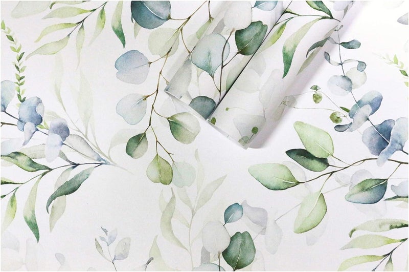 ELTON Waterproof Peel and Stick Floral Wallpaper, Self-Adhesive Vinyl Wall Covering for Bedroom, Living Room Bathroom Cabinet, Countertop (45 x 300 cms, Green Eucalyptus Leaf Pattern) - Image 1