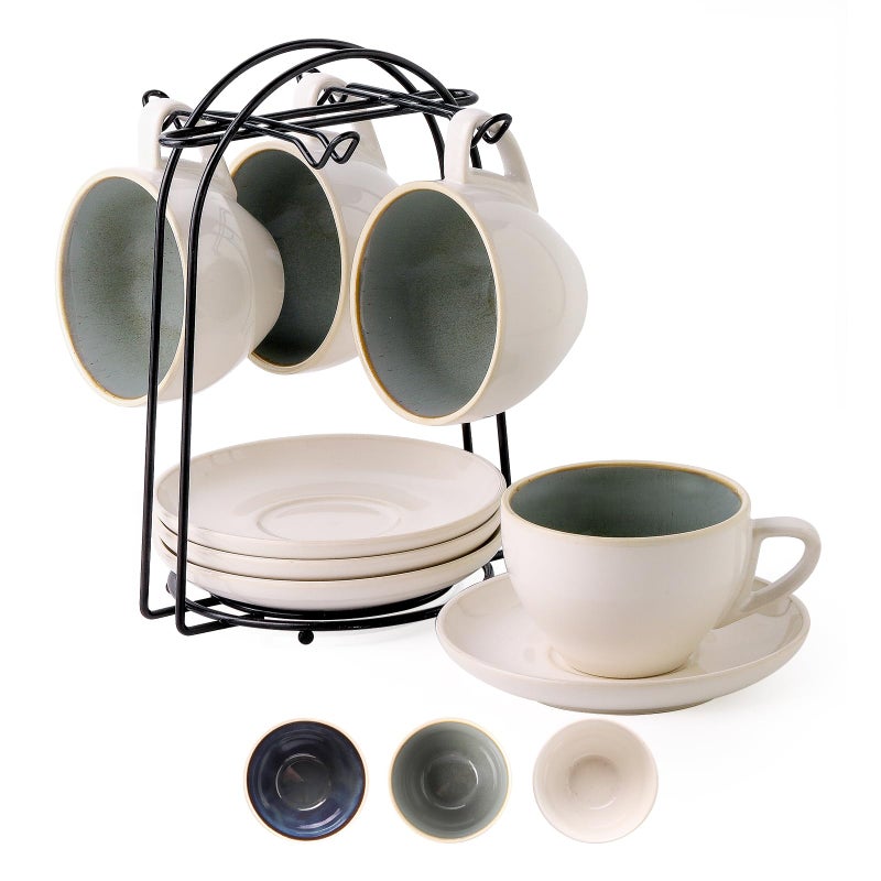SIDUCAL Stackable Cappuccino Cup Set of 4 [8oz] Ceramic Coffee Cups with Saucers and Cup Holder,Microwave/Dishwasher Safe,Espresso Demitasse Cups(Green) - Image 1