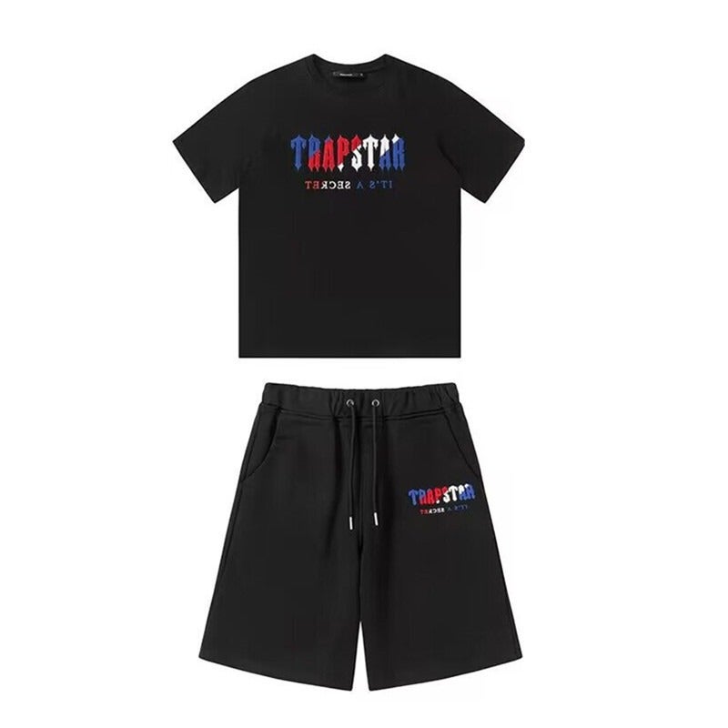 Summer New Trapstar Blue-Red Towel Embroidery Casual Loose Fit Set - Short Sleeve Shorts for Couples