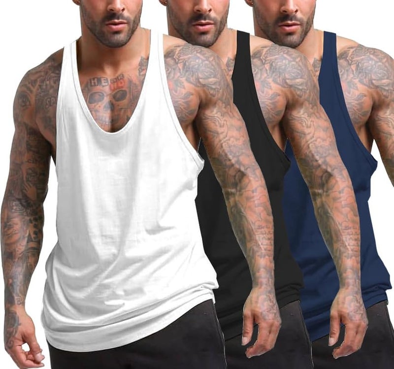 THE BLAZZE Men's Tank Tops Muscle Gym Bodybuilding Vest Fitness Workout Train Stringers Workout Vets for Men L2630 0001 (XL, WHT_BLK_NVY) - Image 1