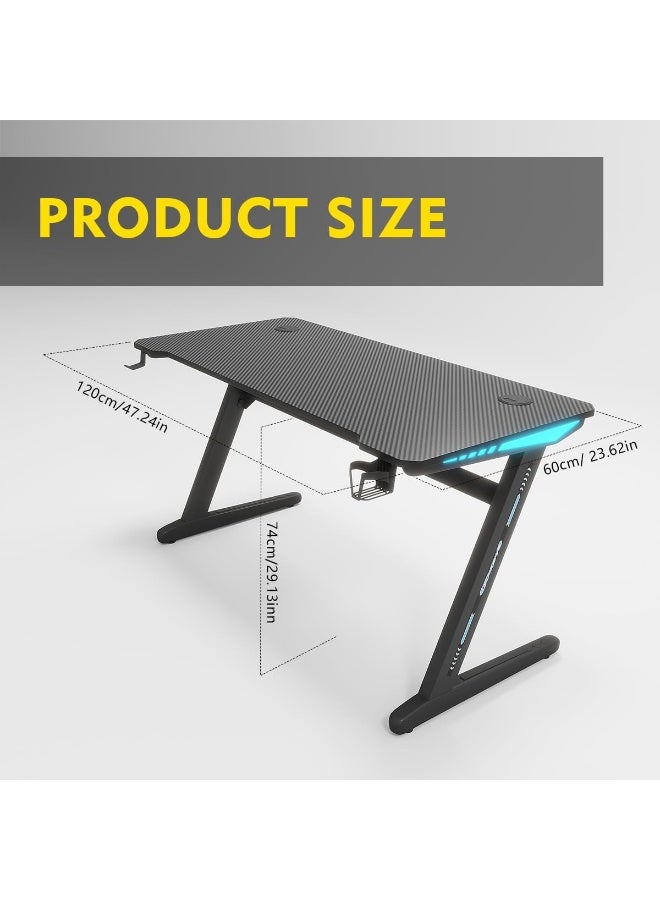 Meishida Gaming Computer Desk with Carbon Fiber Surface, Gaming Table Z Shaped Pc Home Office with Cup Holder&Headphone Hook, Mouse Pad(120 * 60CM) (Black) - Image 1