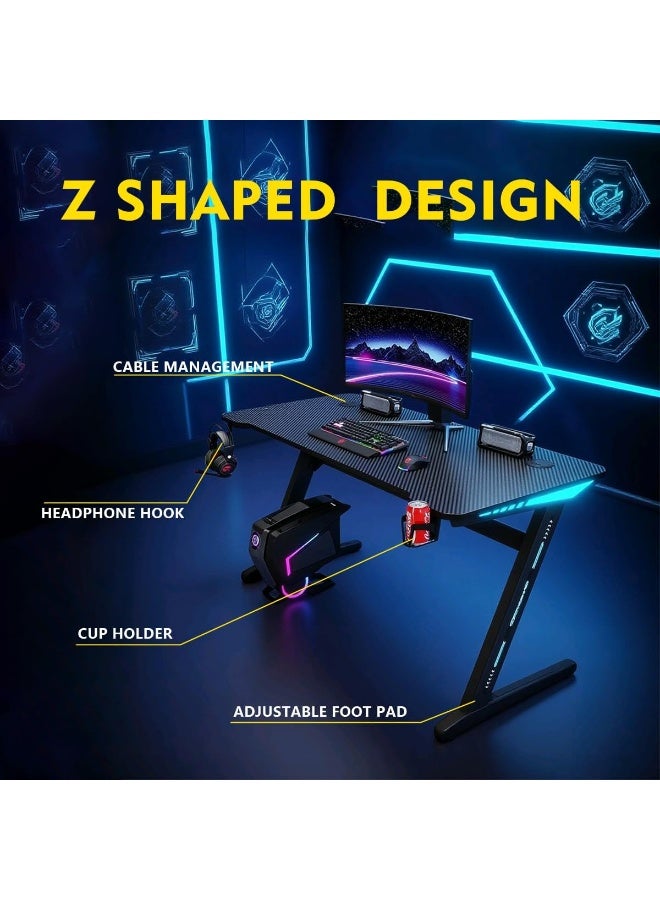 Meishida Gaming Computer Desk with Carbon Fiber Surface, Gaming Table Z Shaped Pc Home Office with Cup Holder&Headphone Hook, Mouse Pad(120 * 60CM) (Black) - Image 3