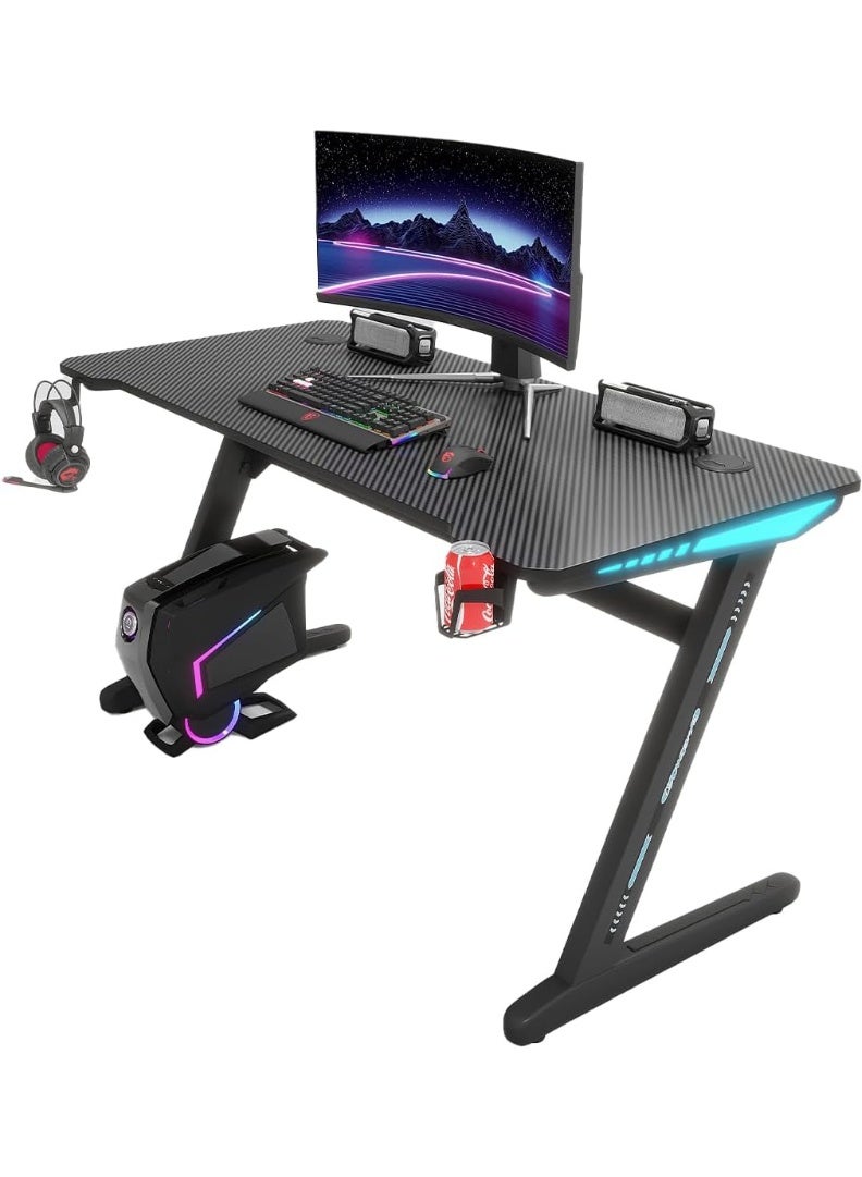 Meishida Gaming Computer Desk with Carbon Fiber Surface, Gaming Table Z Shaped Pc Home Office with Cup Holder&Headphone Hook, Mouse Pad(120 * 60CM) (Black) - Image 2