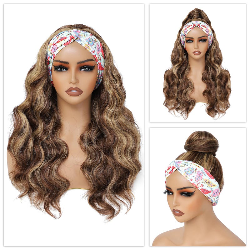 xccoco Glueless Headband Wigs for Black Women Brown Blonde Headband Wig Long Loose Curly Synthetic Wig 24inch 4/27 Highlight Honey Blonde Wig with Headband,200% Denisty - Image 2