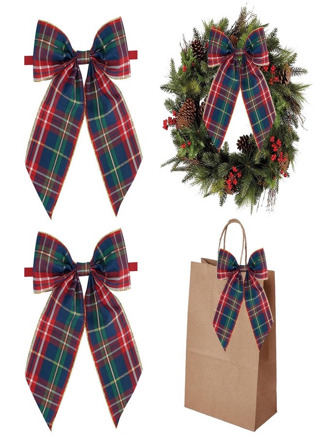 AIMUDI Christmas Bows for Gift Wrapping 6×9'' Navy Blue and Gold Plaid Bows for Christmas Tree Wreath Bows with Wire Edge Premade Bows for Craft Present Indoor Holiday Christmas Decorations, 10 PCs - Image 1