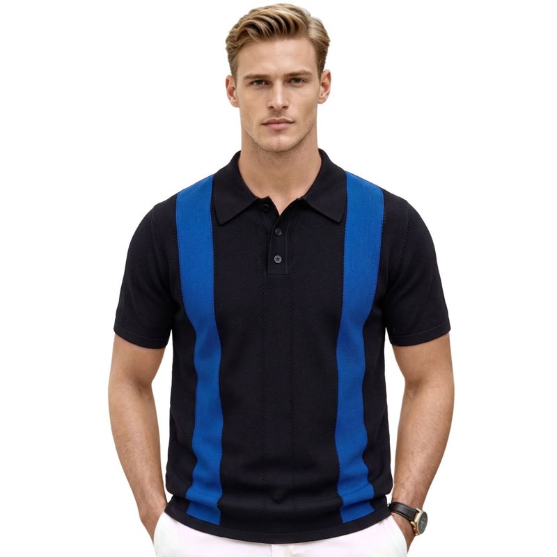 Men's Striped Short Sleeve Polo Shirt Casual Knit Collared Top SJ0096 - Image 3