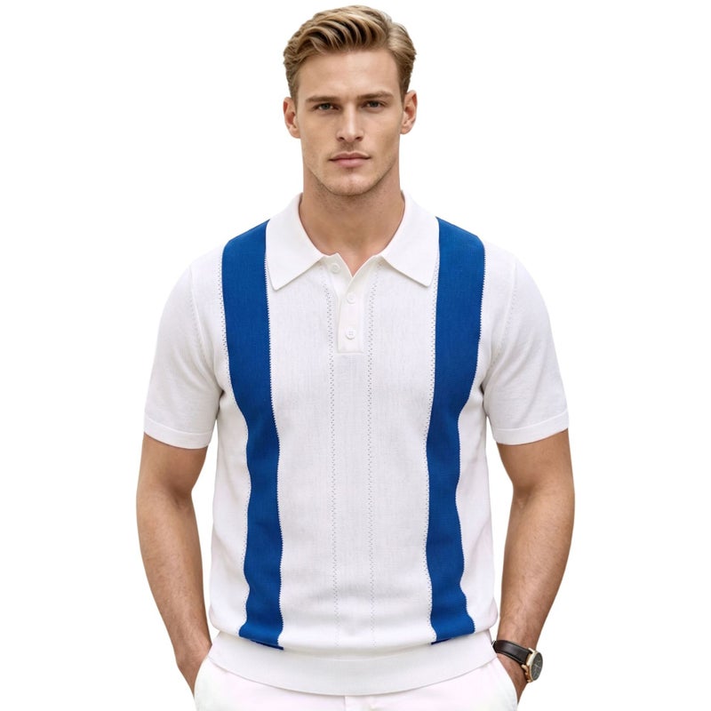 Men's Striped Short Sleeve Polo Shirt Casual Knit Collared Top SJ0096 - Image 1