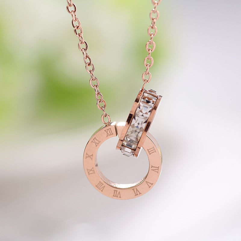 Ring Interlocking Roman Diamond Encrusted Titanium Steel Necklace Women Do Not Fade Geometric Personality All-Match Clavicle Chain New Jewelry - Image 3