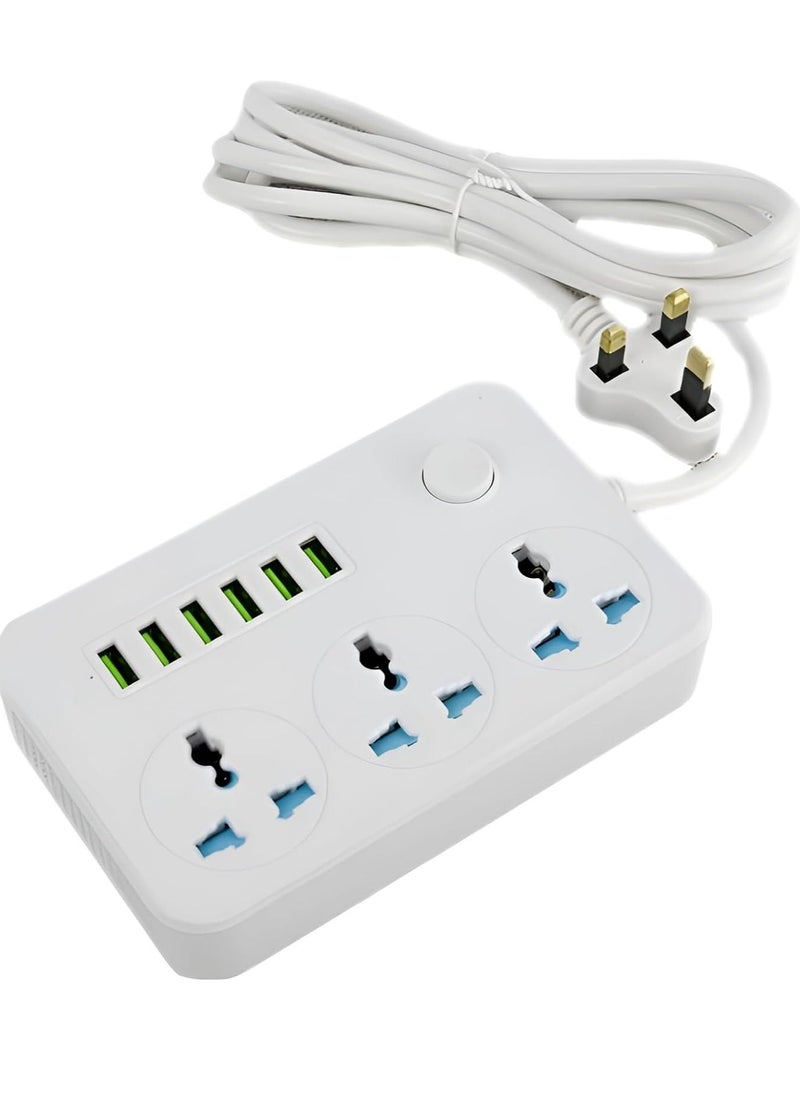BGM Power Strips Extension Cord - 3 Outlets and 6 USB Ports Heavy Duty Universal Extension Socket, Multi-Plug Power Extension for Office, Home, Kitchen, Copper Clad Aluminum Wire (White)  - Image 1