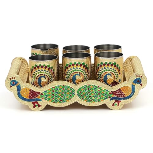 Touchcart Stainless Steel Handmade Meenakari Peacock Design Glass Set – 6 Pcs Decorative Golden Glasses with Wooden Tray for Home, Kitchen & Gifting (Gold) - Image 4