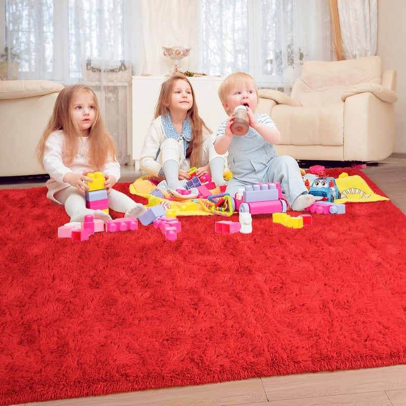Keeko 3x5 Area Rug for Bedroom Living Room, Fluffy Plush Bedside Rug Modern Throw Rugs for Entryway Non Slip Indoor Shag Fuzzy Small Carpet for Kids Girls Room Nursery Home Decor Red - Image 2