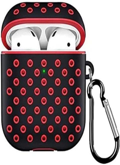 Dotted Soft Silicone Dual Layer Case Cover with Anti-Lost Hook for Apple Airpods 2 & 1 (Front LED Visible) (Red x Black)