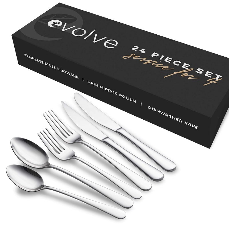 EVOLVE 188 Stainless Steel Silverware Set for 4 Complete 24 Piece Flatware Cutlery Set Elegant and Ergonomic Design Dishwasher Safe Stylish Mirror Finish RustProof Utensil Sets Silver