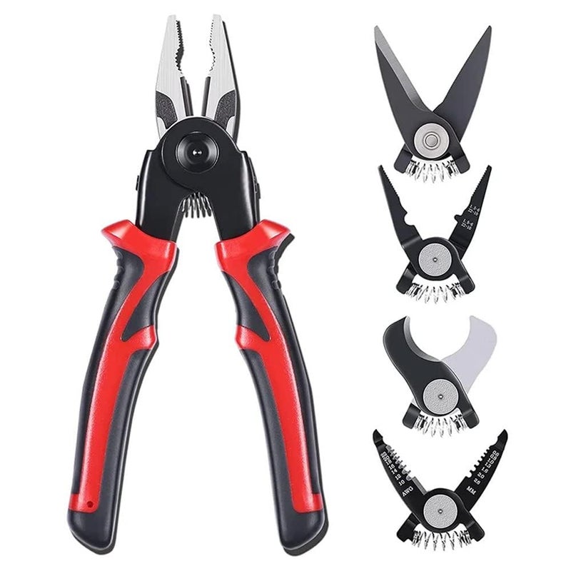 Feinerman 5 in 1 Multipurpose Lineman Pliers Set Wire Stripper Crimper Cutter Metal Shear Electricians Tool Combination Pliers with Adjustable Interchangeable Heads for Electrical DIY Work - Image 1