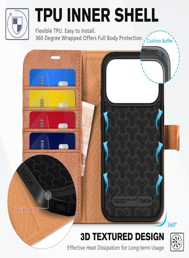 TUCCH Wallet Case for iPhone 17 Pro (6.3") 2025, 4 Card Holders | RFID Blocking | Stand | PU Leather | Magnetic Closure | Protective Flip Folio Cover | Shockproof TPU Shell | Light Brown - Image 5