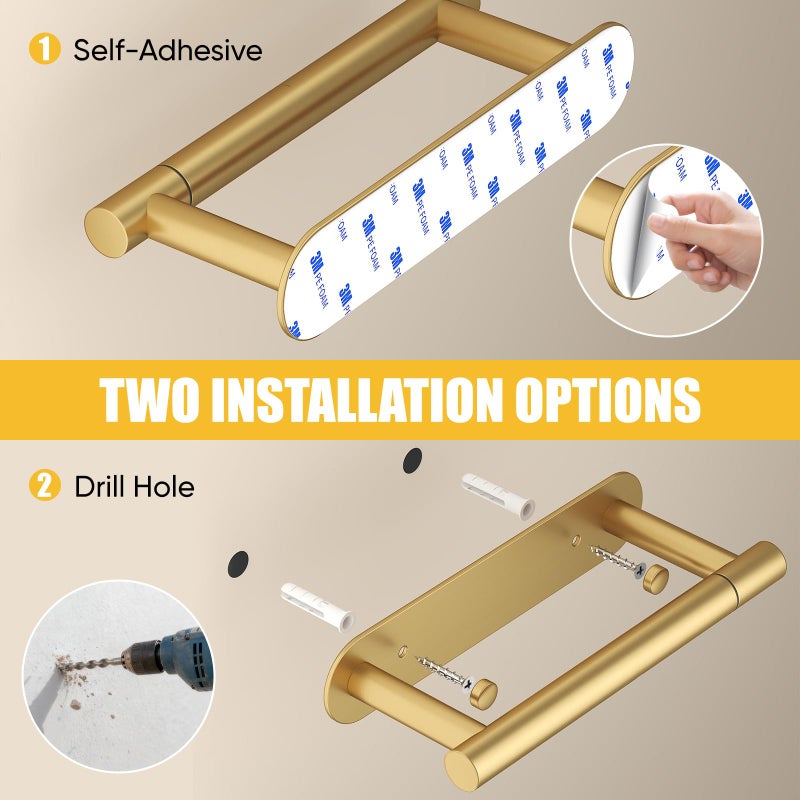 BESy Adhesive or Screw Toilet Paper Holder Wall Mount Rustproof Modern Roll Holder Flexible Pivoting Adjustable Tissue Handle with Self Adhesive or Mounted with Screws Stainless Steel Brushed Gold - Image 5