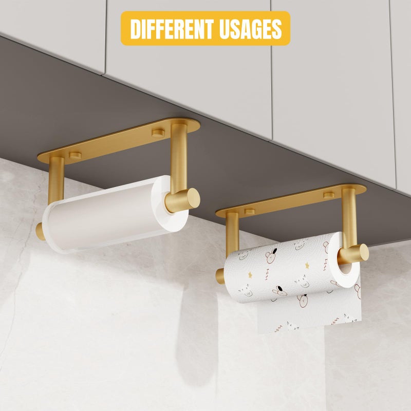 BESy Adhesive or Screw Toilet Paper Holder Wall Mount Rustproof Modern Roll Holder Flexible Pivoting Adjustable Tissue Handle with Self Adhesive or Mounted with Screws Stainless Steel Brushed Gold - Image 3