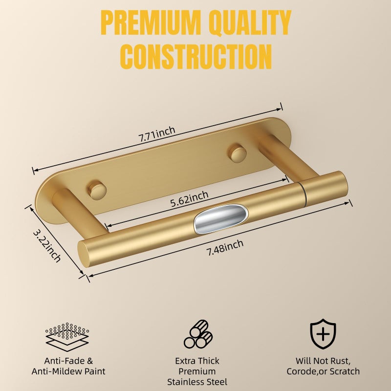 BESy Adhesive or Screw Toilet Paper Holder Wall Mount Rustproof Modern Roll Holder Flexible Pivoting Adjustable Tissue Handle with Self Adhesive or Mounted with Screws Stainless Steel Brushed Gold - Image 4