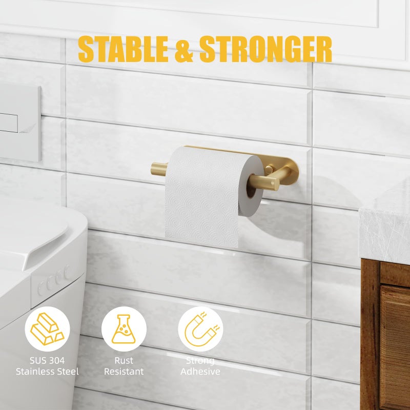 BESy Adhesive or Screw Toilet Paper Holder Wall Mount Rustproof Modern Roll Holder Flexible Pivoting Adjustable Tissue Handle with Self Adhesive or Mounted with Screws Stainless Steel Brushed Gold - Image 2