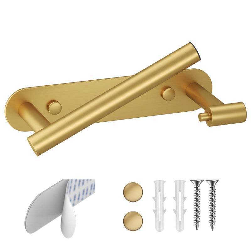 BESy Adhesive or Screw Toilet Paper Holder Wall Mount Rustproof Modern Roll Holder Flexible Pivoting Adjustable Tissue Handle with Self Adhesive or Mounted with Screws Stainless Steel Brushed Gold - Image 1
