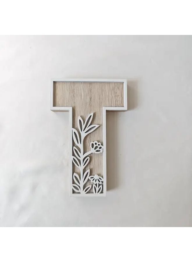 T Model Rustic Wooden Floral Carved Alphabet Letter Wall Art Wedding Decor - Image 1