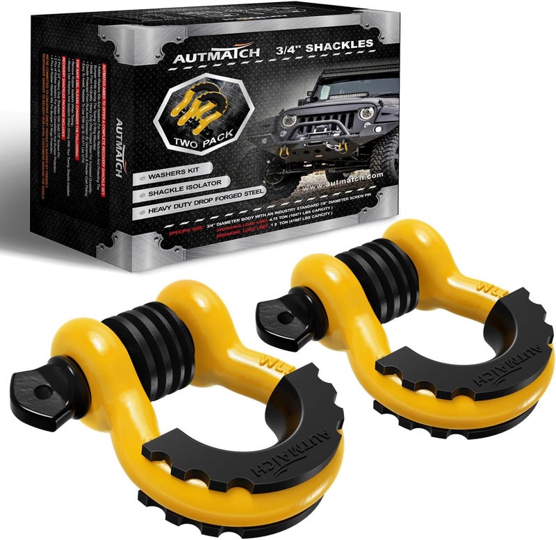 AUTMATCH D Ring Shackle 3/4" Shackles (2 Pack) 41,887Ibs Break Strength, Clevis Shackle with 7/8" Screw Pin and Shackle Isolator Washers Kit for Tow Strap Winch Off Road Vehicle Recovery, Yellow - Image 1