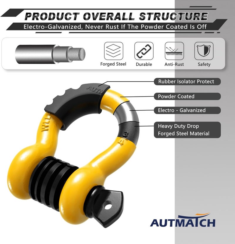 AUTMATCH D Ring Shackle 3/4" Shackles (2 Pack) 41,887Ibs Break Strength, Clevis Shackle with 7/8" Screw Pin and Shackle Isolator Washers Kit for Tow Strap Winch Off Road Vehicle Recovery, Yellow - Image 4