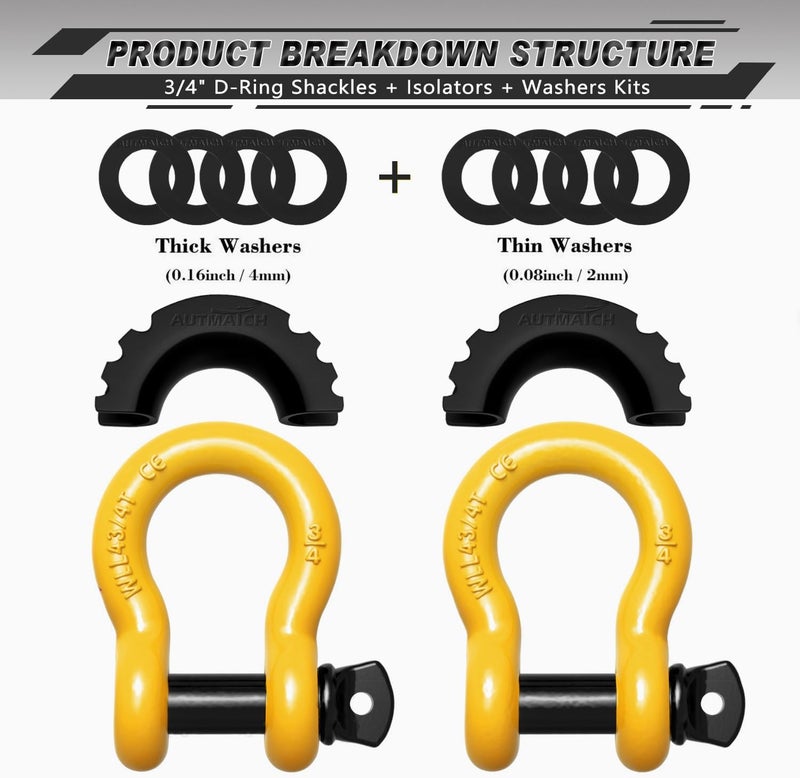 AUTMATCH D Ring Shackle 3/4" Shackles (2 Pack) 41,887Ibs Break Strength, Clevis Shackle with 7/8" Screw Pin and Shackle Isolator Washers Kit for Tow Strap Winch Off Road Vehicle Recovery, Yellow - Image 2