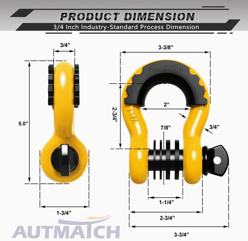 AUTMATCH D Ring Shackle 3/4" Shackles (2 Pack) 41,887Ibs Break Strength, Clevis Shackle with 7/8" Screw Pin and Shackle Isolator Washers Kit for Tow Strap Winch Off Road Vehicle Recovery, Yellow - Image 3