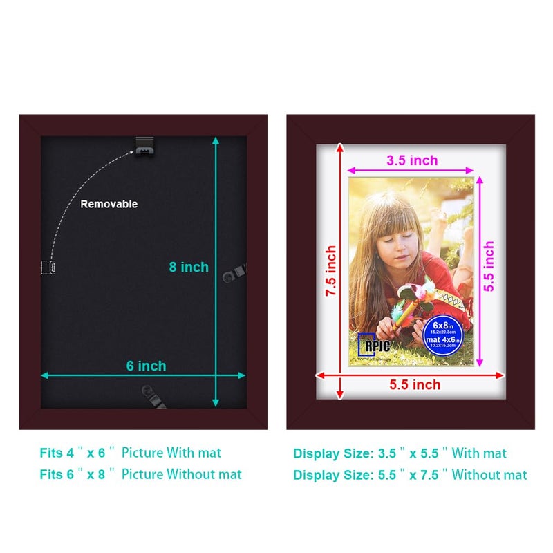 RPJC RPJC 6x8 inch Picture Frame Made of Solid Wood and High Definition Glass Display Picture 4x6 with Mat or 6x8 Without Mat for Wall Mounting Photo Frames Dark Brown - Image 4